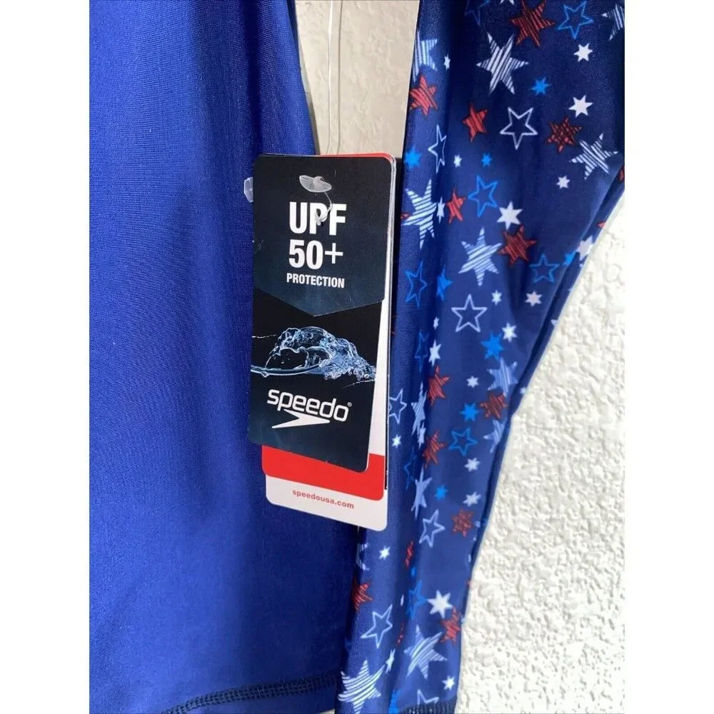 Speedo swim shirt Long Sleeve Rash Guard Blue UPF M USA Stars 4th patriotic